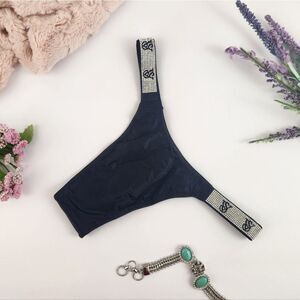 EXTRA SMALL {Victoria's Secret} Black Shiny {Rhinestones} Straps Brazilian Panty